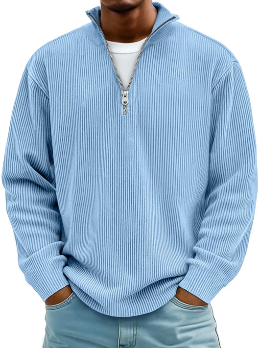 Geribde half zip trui heren met opstaande kraag en lange mouwen