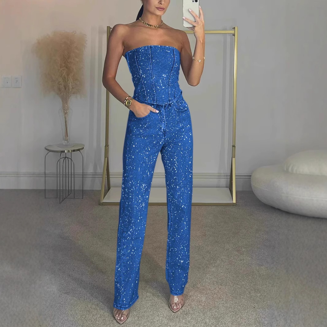 Strapless tweedelige set dames met glitter top en straight leg broek