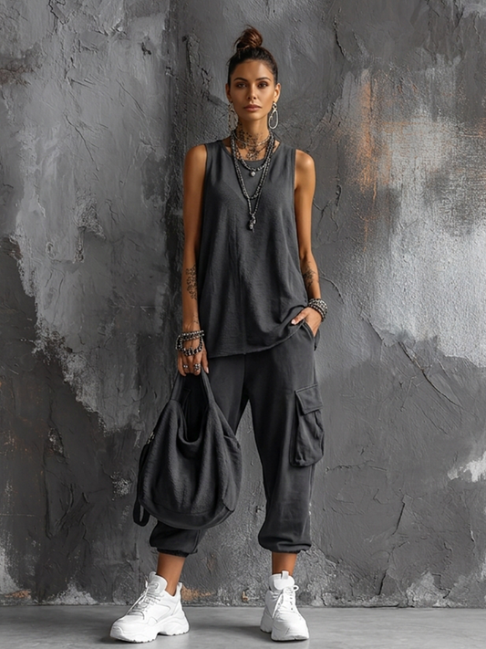 Mouwloze tweedelige set met cargo joggingbroek voor dames