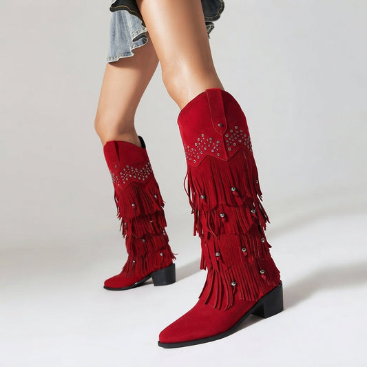 Kniehoge cowboylaarzen met franjes en studs voor dames