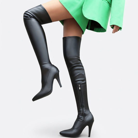 Stretch overknee laarzen dames met naaldhak en spitse neus
