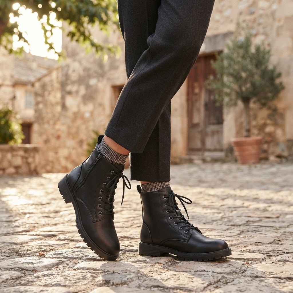 Halfhoge veterboots dames met rits en chunky profielzool