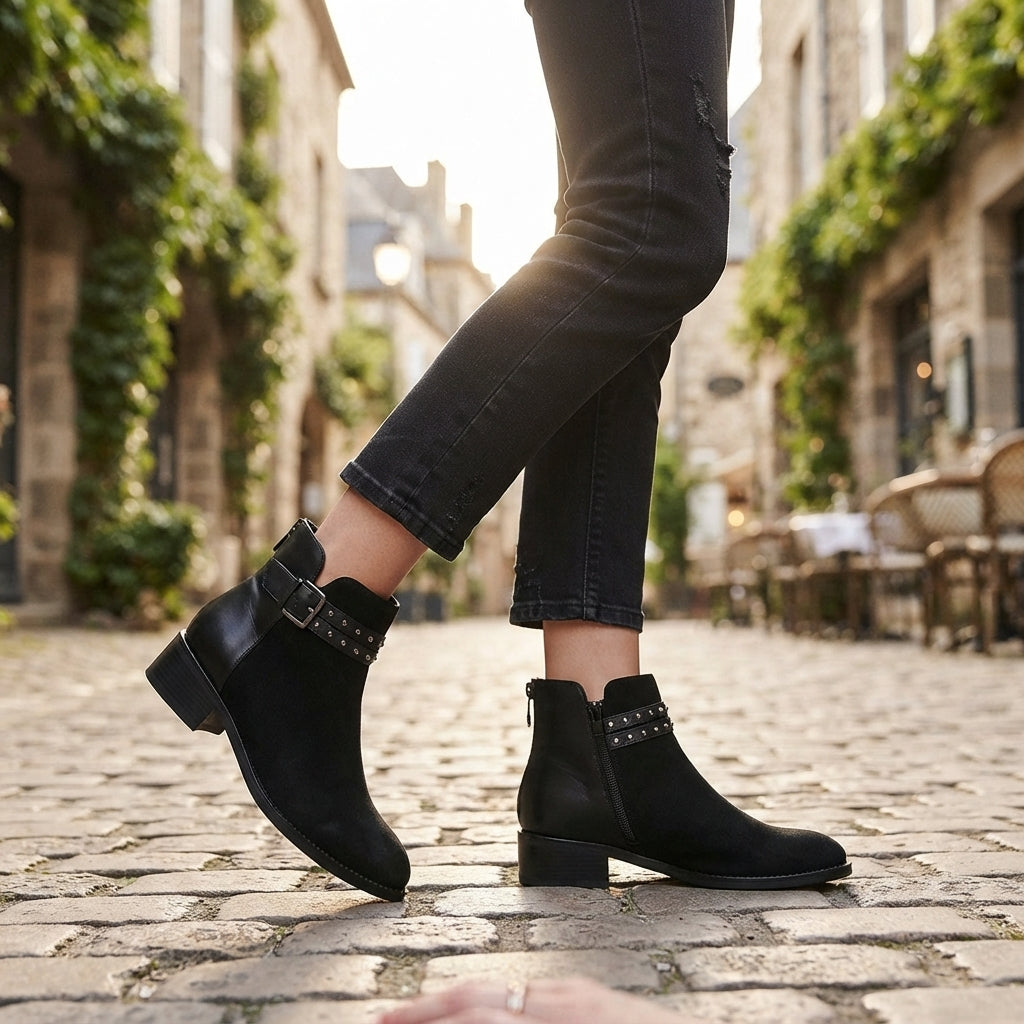 Enkellaarsjes dames met blokhak, studs en rits achter