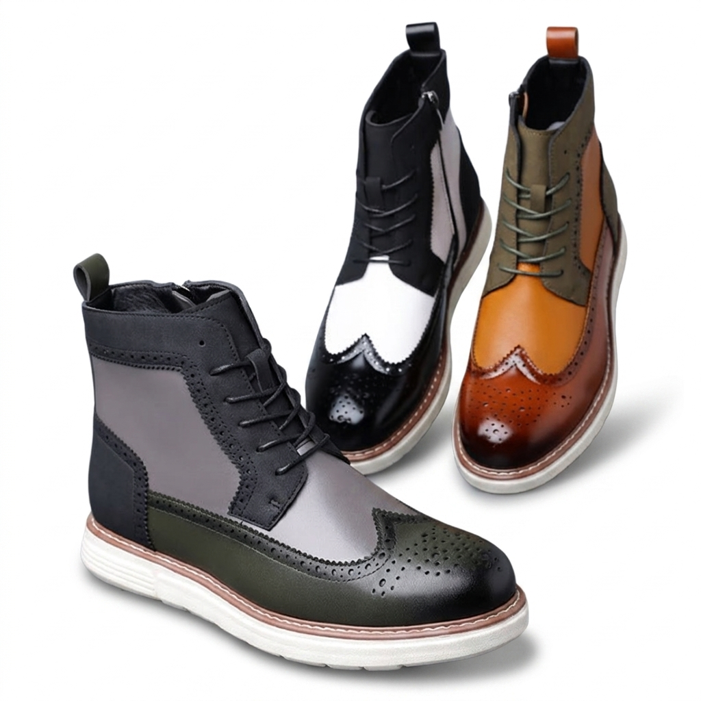 Enkelhoge brogue veterboots voor heren met zijrits en sneakerzool