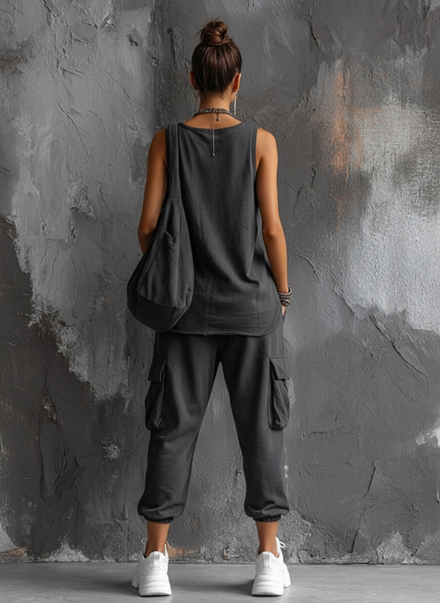 Mouwloze tweedelige set met cargo joggingbroek voor dames