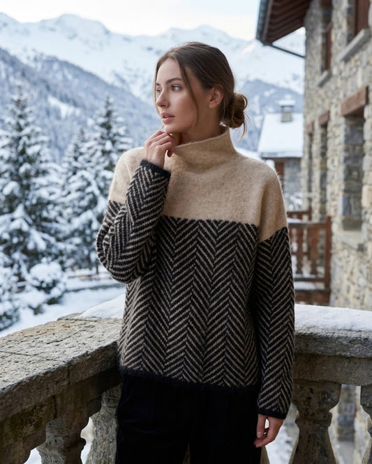 Gebreide oversized trui dames met colkraag en visgraatmotief