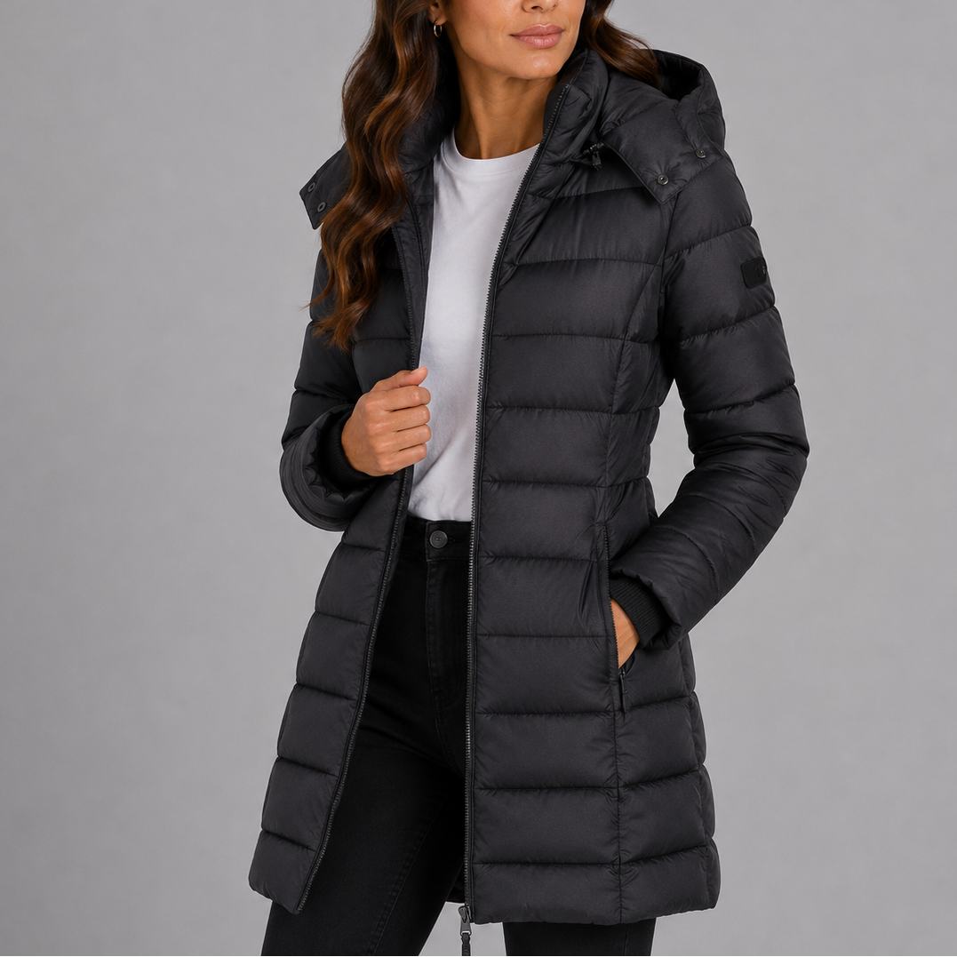 Lange puffer jas dames met capuchon en volledige ritssluiting