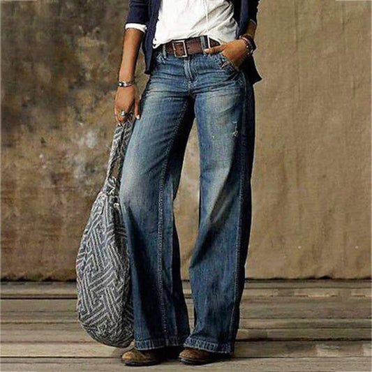 Gewassen wide leg jeans dames met halfhoge taille en 5-pocket