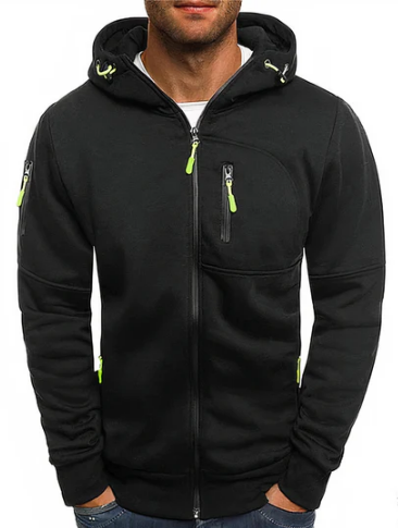 Hoodie heren met doorlopende rits, capuchon met trekkoord en vier ritszakken