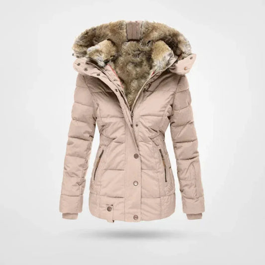 Getailleerde gewatteerde winterjas dames met faux fur capuchon en ritszakken
