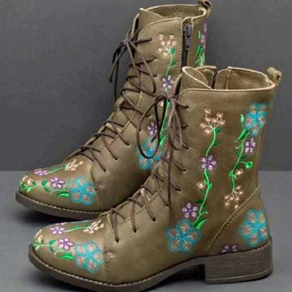 Veterlaarzen met bloemenborduursel en blokhak voor dames