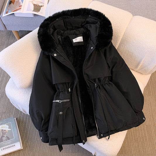 Gewatteerde winterparka dames met capuchon en trekkoord in taille