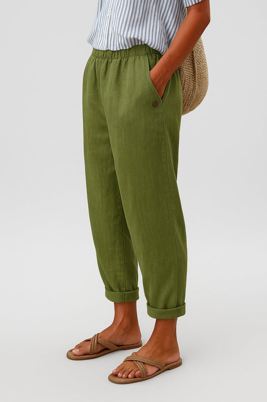 Losvallende broek dames met elastische tailleband en omslagzoom