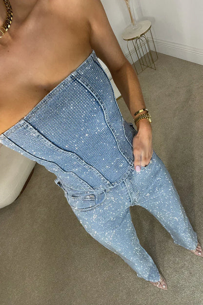 Strapless tweedelige set dames met glitter top en straight leg broek