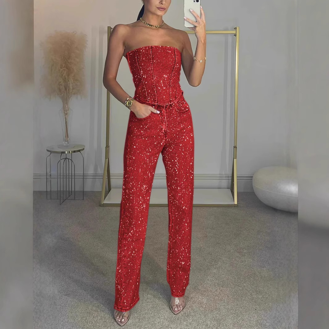 Strapless tweedelige set dames met glitter top en straight leg broek