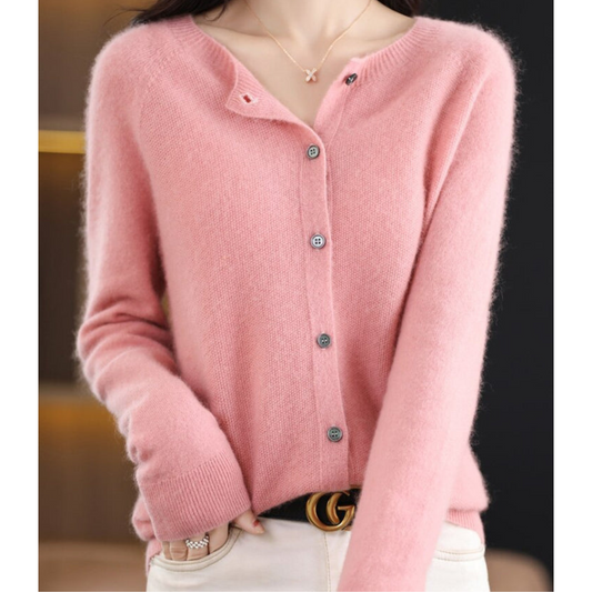 Fijngebreid vest dames met raglanmouwen, geribde boorden en knoopsluiting