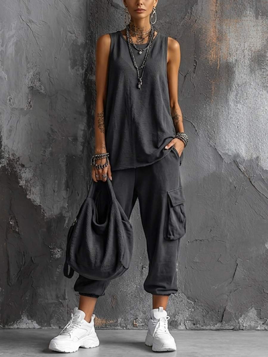 Mouwloze tweedelige set met cargo joggingbroek voor dames