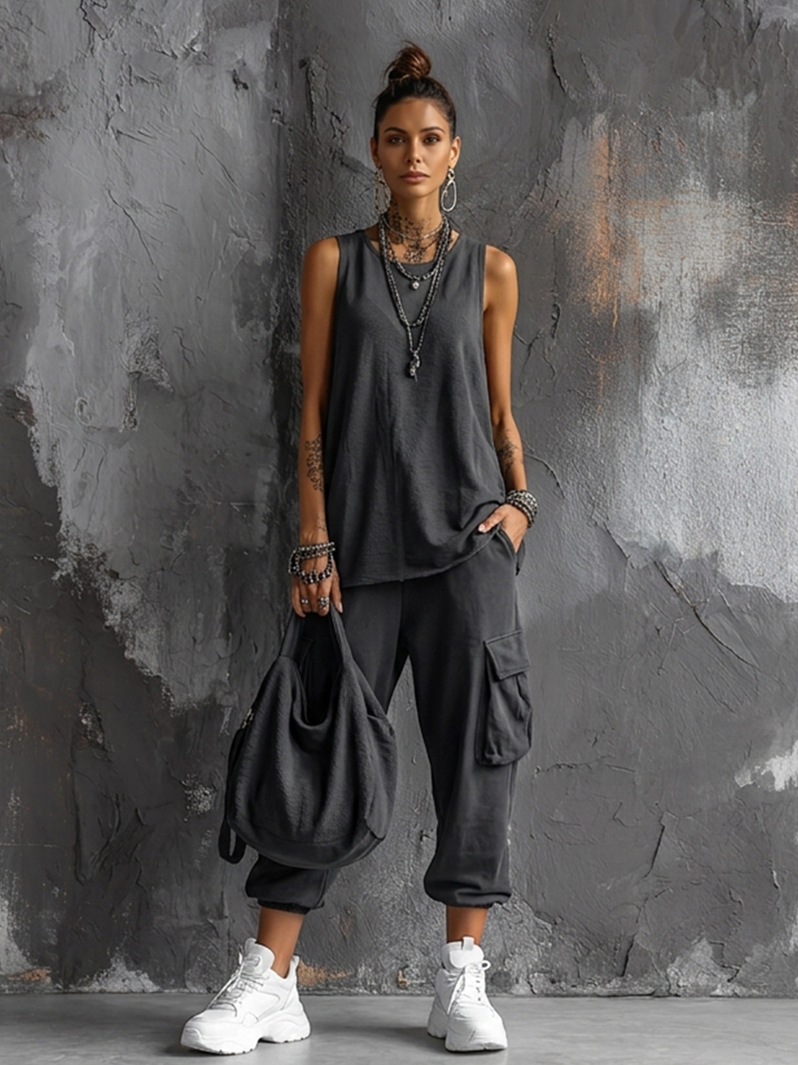 Mouwloze tweedelige set met cargo joggingbroek voor dames