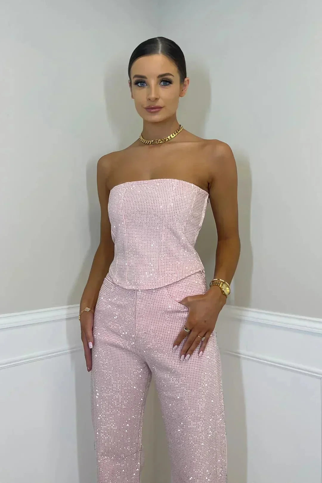 Strapless tweedelige set dames met glitter top en straight leg broek
