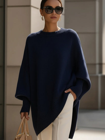 Gebreide oversized trui dames met vleermuismouwen en asymmetrische zoom