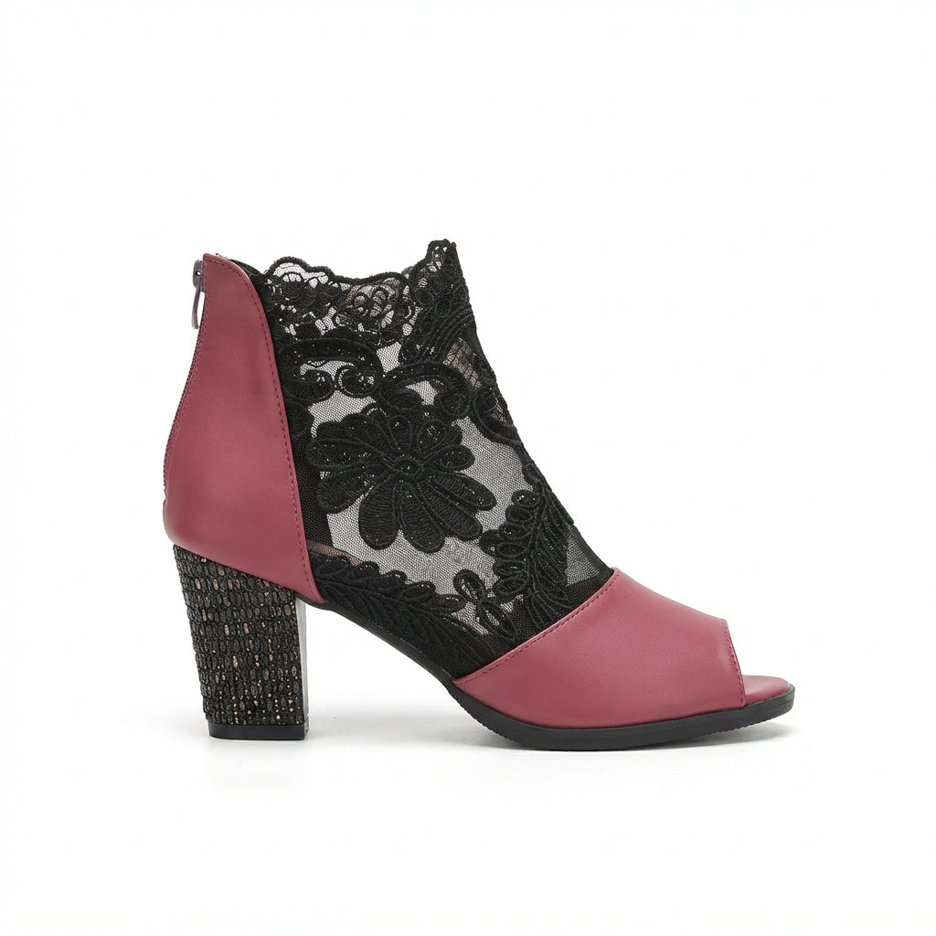 Peeptoe enkellaarsjes dames met bloemenkant, mesh en blokhak met rits