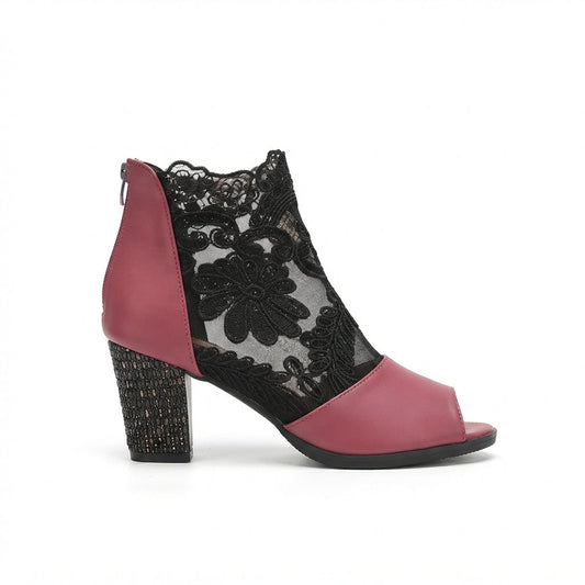 Peeptoe enkellaarsjes dames met bloemenkant, mesh en blokhak met rits