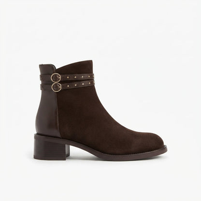 Enkellaarsjes dames met blokhak, studs en rits achter