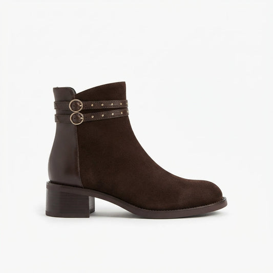 Enkellaarsjes dames met blokhak, studs en rits achter