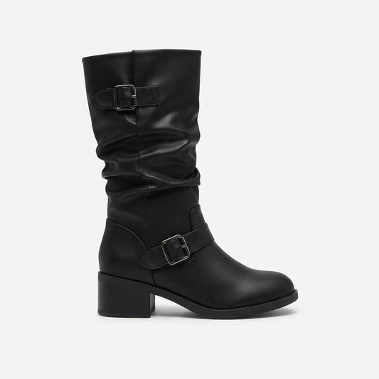 Slouchy laarzen dames met twee gespriempjes, ronde neus en ruime instap
