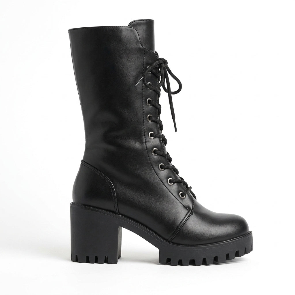Halfhoge veterlaarzen met doorlopende vetersluiting en grof profiel voor dames