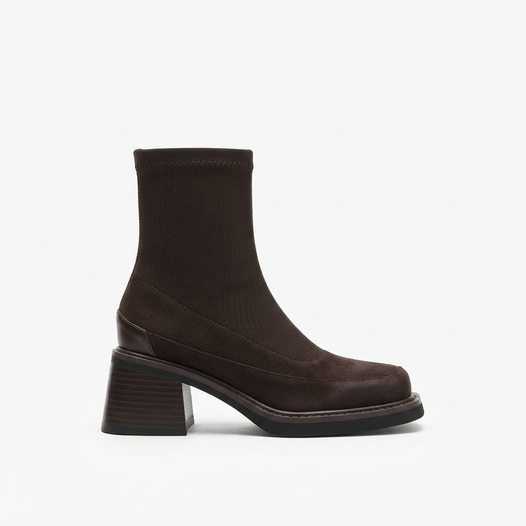 Sock boots dames enkellaarzen met blokhak en vierkante neus