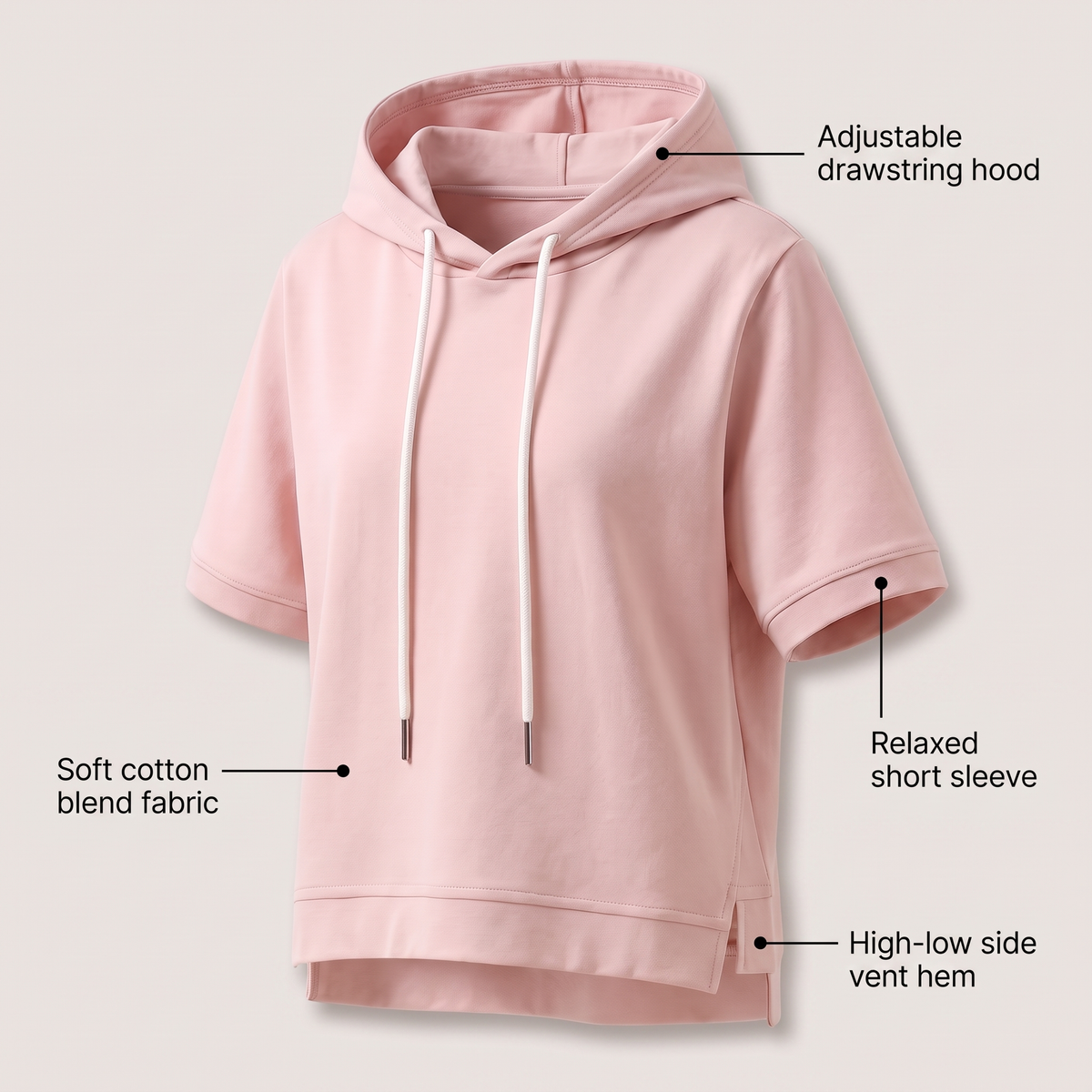 Oversized hoodie dames met korte mouwen en asymmetrische zoom