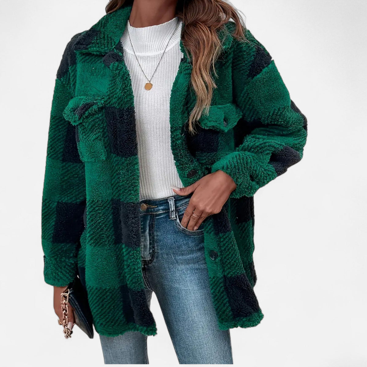 Geruite teddy shacket dames met knoopsluiting en oversized pasvorm