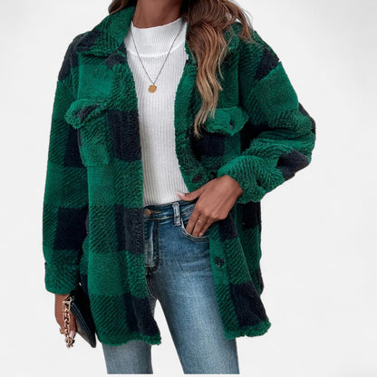 Geruite teddy shacket dames met knoopsluiting en oversized pasvorm