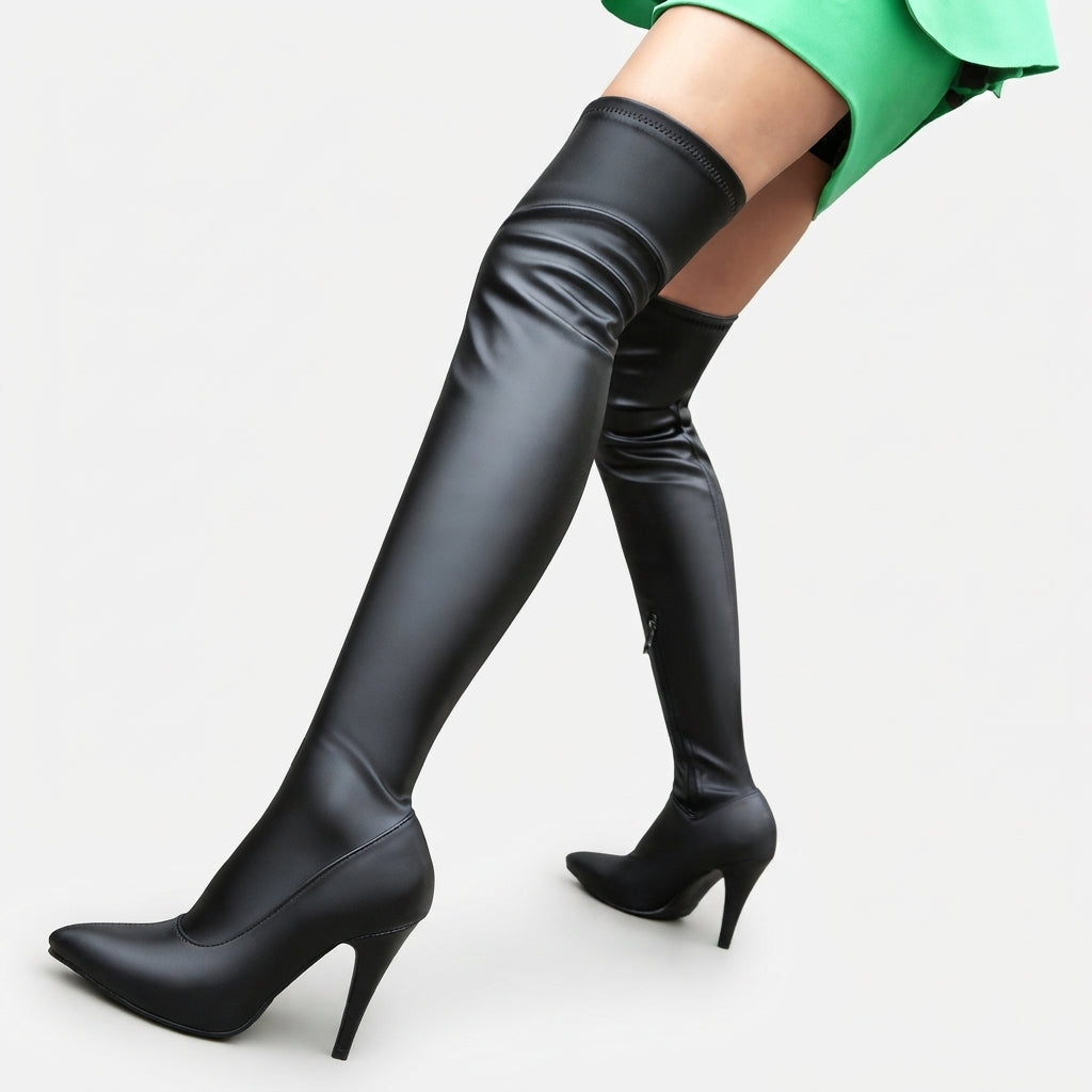 Stretch overknee laarzen dames met naaldhak en spitse neus