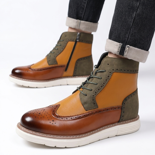 Enkelhoge brogue veterboots voor heren met zijrits en sneakerzool