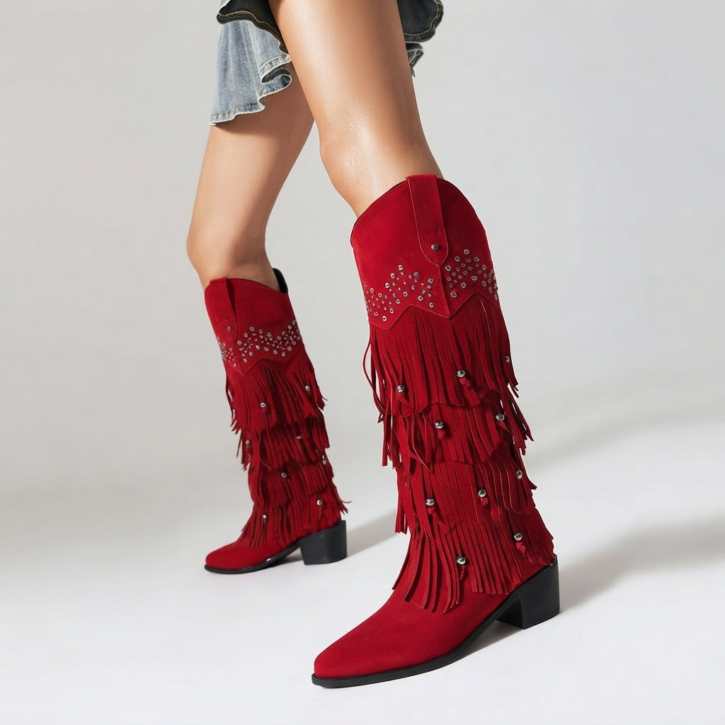 Kniehoge cowboylaarzen met franjes en studs voor dames