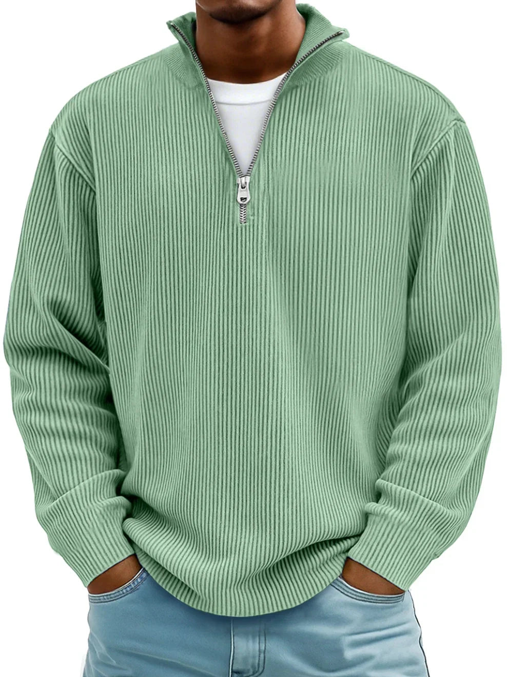 Geribde half zip trui heren met opstaande kraag en lange mouwen