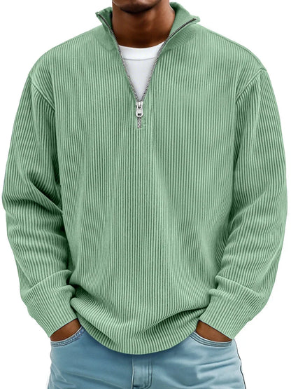 Geribde half zip trui heren met opstaande kraag en lange mouwen