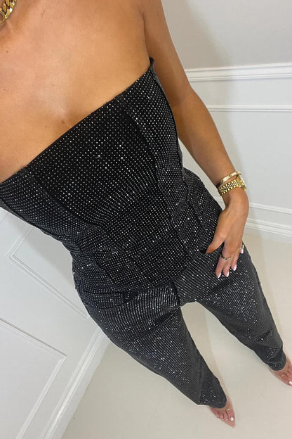 Strapless tweedelige set dames met glitter top en straight leg broek