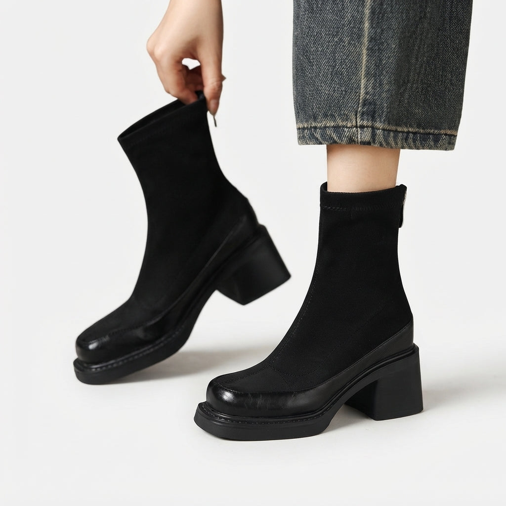 Sock boots dames enkellaarzen met blokhak en vierkante neus