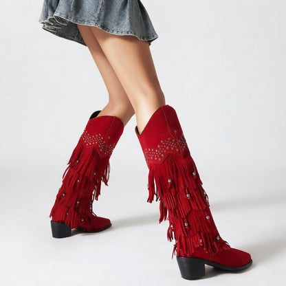 Kniehoge cowboylaarzen met franjes en studs voor dames