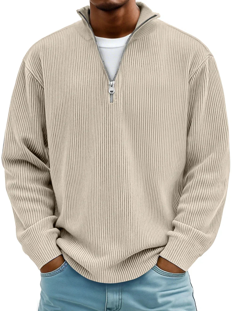 Geribde half zip trui heren met opstaande kraag en lange mouwen