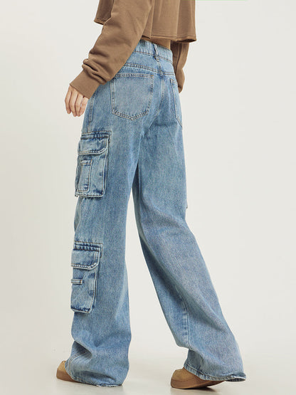 Baggy cargo jeans dames met wijde pijpen en middelhoge taille