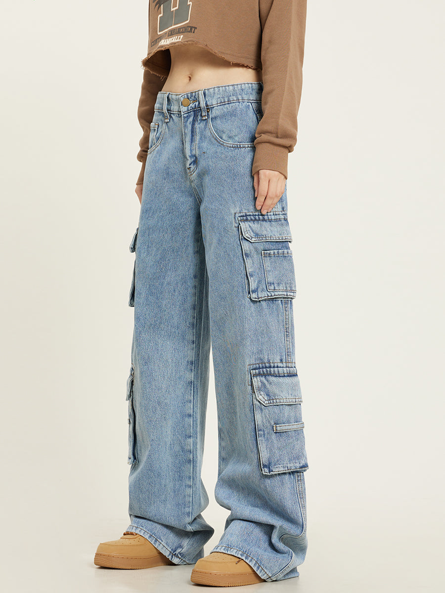 Baggy cargo jeans dames met wijde pijpen en middelhoge taille