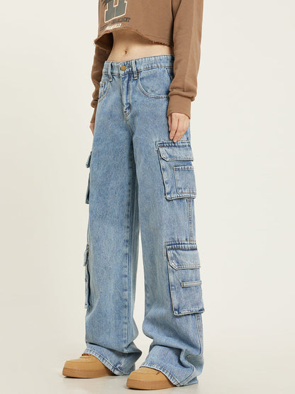Baggy cargo jeans dames met wijde pijpen en middelhoge taille
