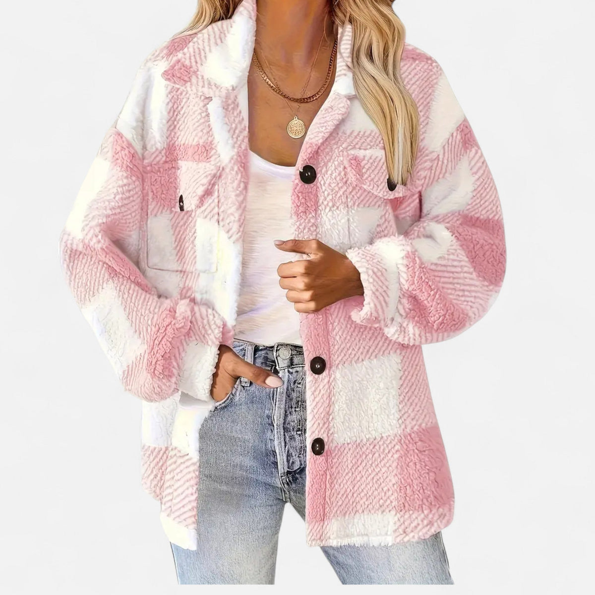 Geruite teddy shacket dames met knoopsluiting en oversized pasvorm