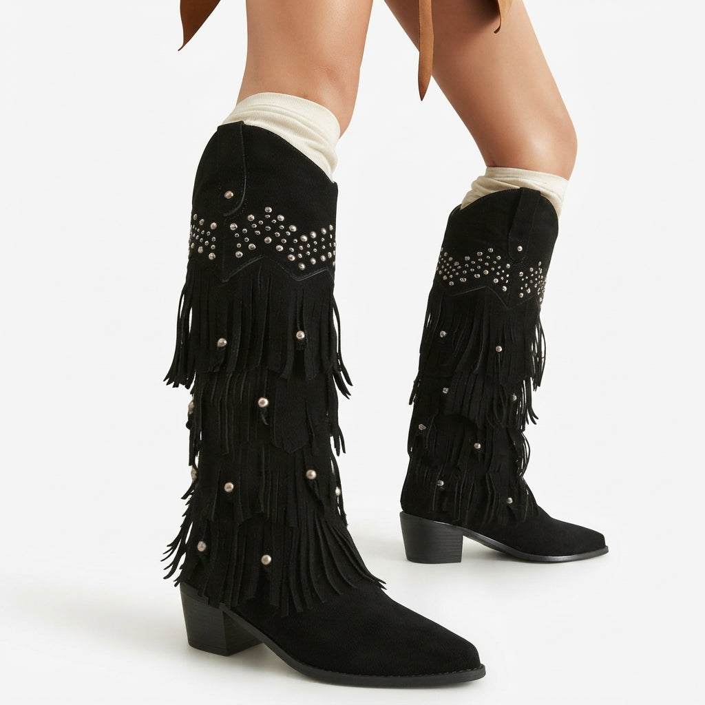 Kniehoge cowboylaarzen met franjes en studs voor dames