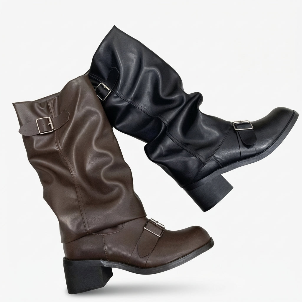 Slouchy laarzen dames met twee gespriempjes, ronde neus en ruime instap