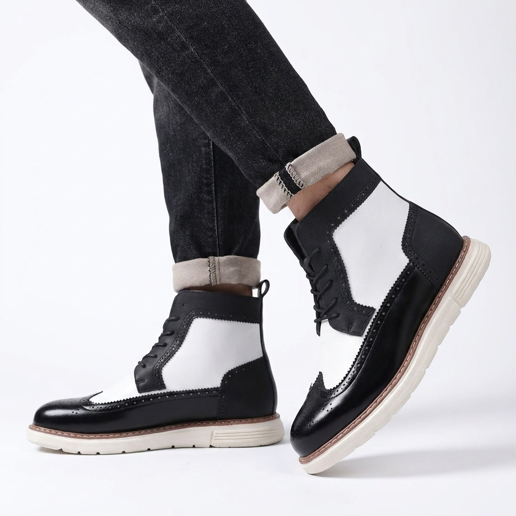 Enkelhoge brogue veterboots voor heren met zijrits en sneakerzool